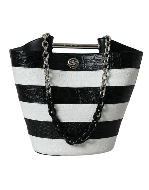 Black White Striped Exotic Skin Leather Maxi Bucket Tote Bag Balenciaga