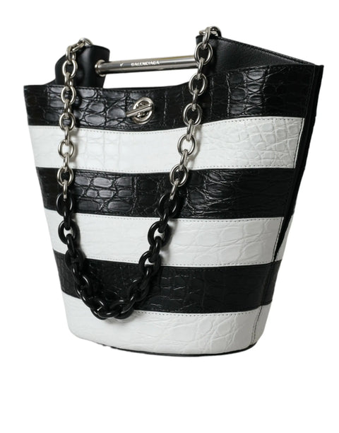 Black White Striped Exotic Skin Leather Maxi Bucket Tote Bag Balenciaga