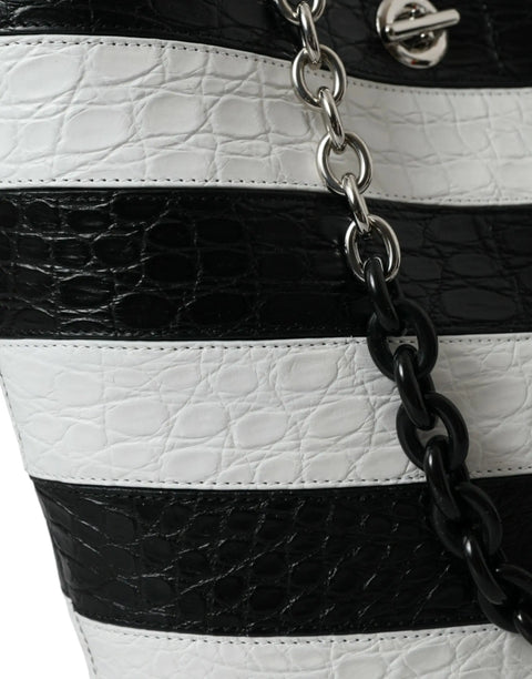 Black White Striped Exotic Skin Leather Maxi Bucket Tote Bag Balenciaga