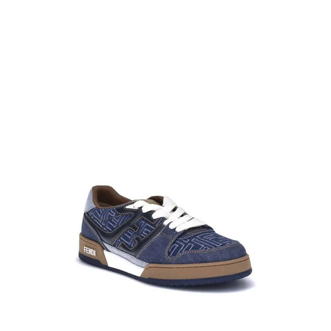 FF Denim Sneakers featuring blue denim-effect FF jacquard, contrasting leather stitching, and rubber sole.