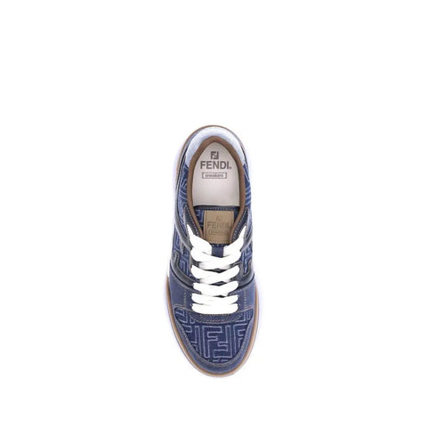 FF Denim Sneakers from Fendi featuring blue denim-effect jacquard and contrasting stitching.